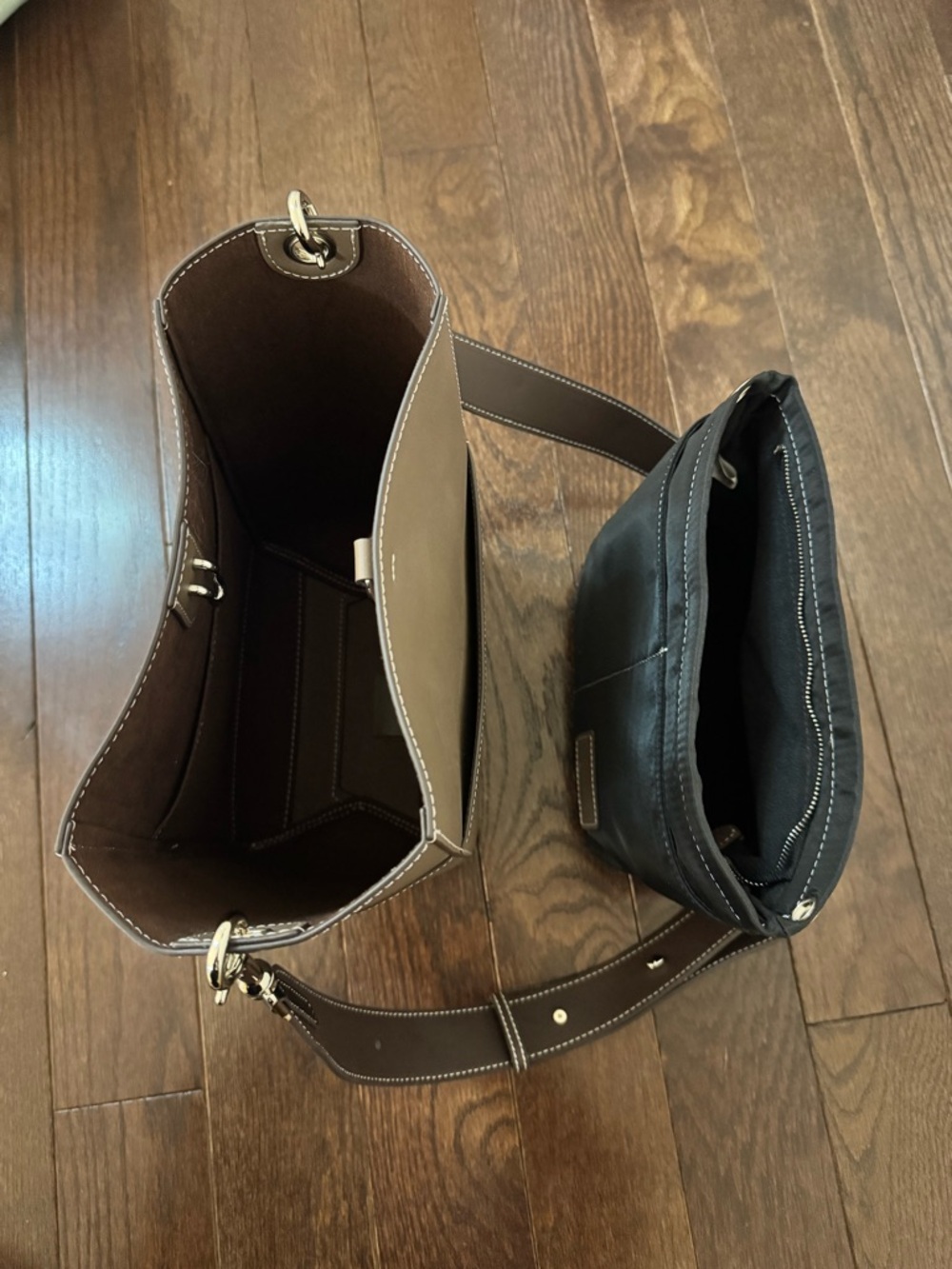 Taupe Leather Shoulder Bucket Bag with Black Removable Insert - Picture 3 of 4